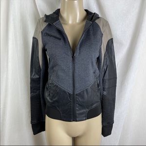Blank NYC Color Block Mixed Materials Hoodie Moto Jacket Faux Leather Black Grey